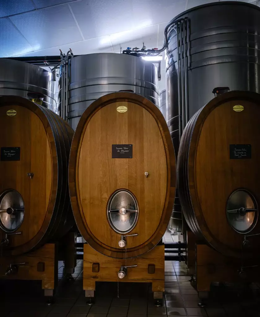 Foudre en bois dans la cave du Domaine du Pré Semelé